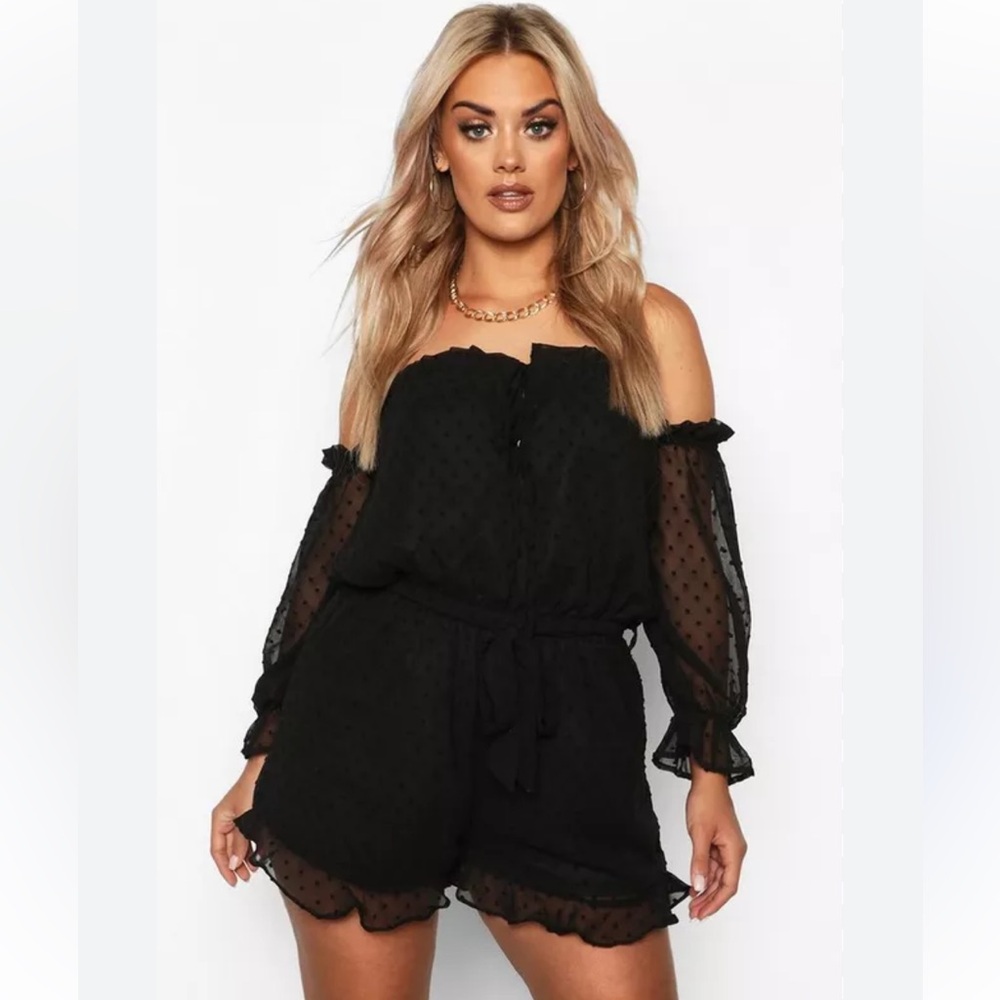 Boohoo Plus Dobby Mesh Bardot Ruffle Playsuit